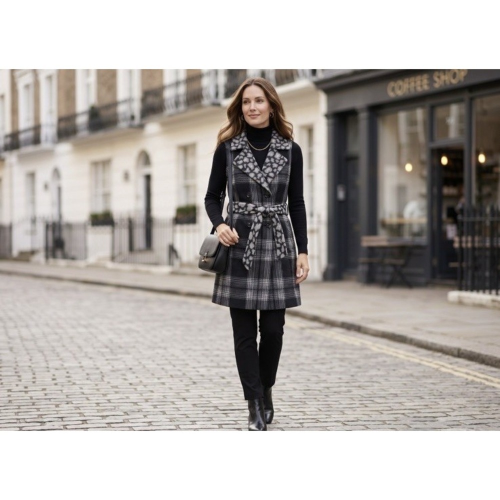 Susan Graver Petite Medium Plaid & Animal Print Double-Breasted Long Vest Coat